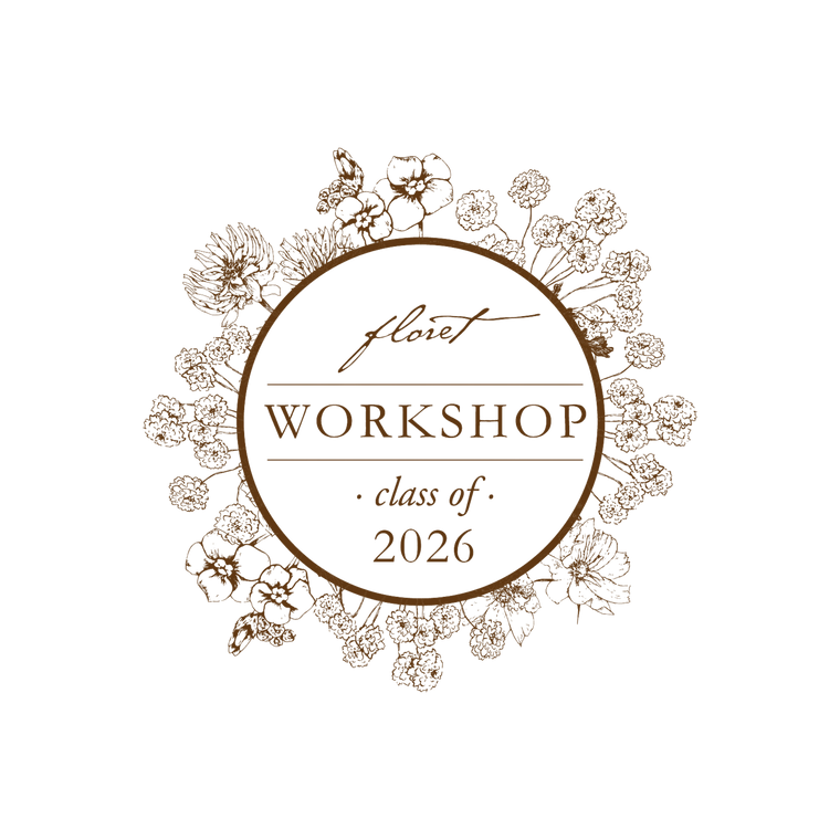 A circular brown graphic with floral line art surrounding the words 'floret', 'WORKSHOP', and 'class of 2026' on a white background.